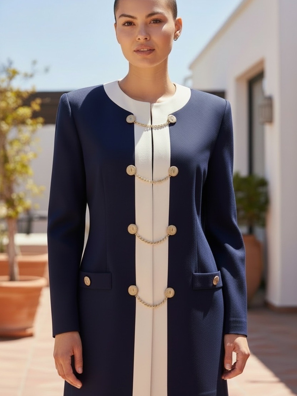 LESLIE FAY 2PC 80s NAVY & CREAM FITTED LONG BLAZER W SKIRT MILITARY STYLE SZ 12